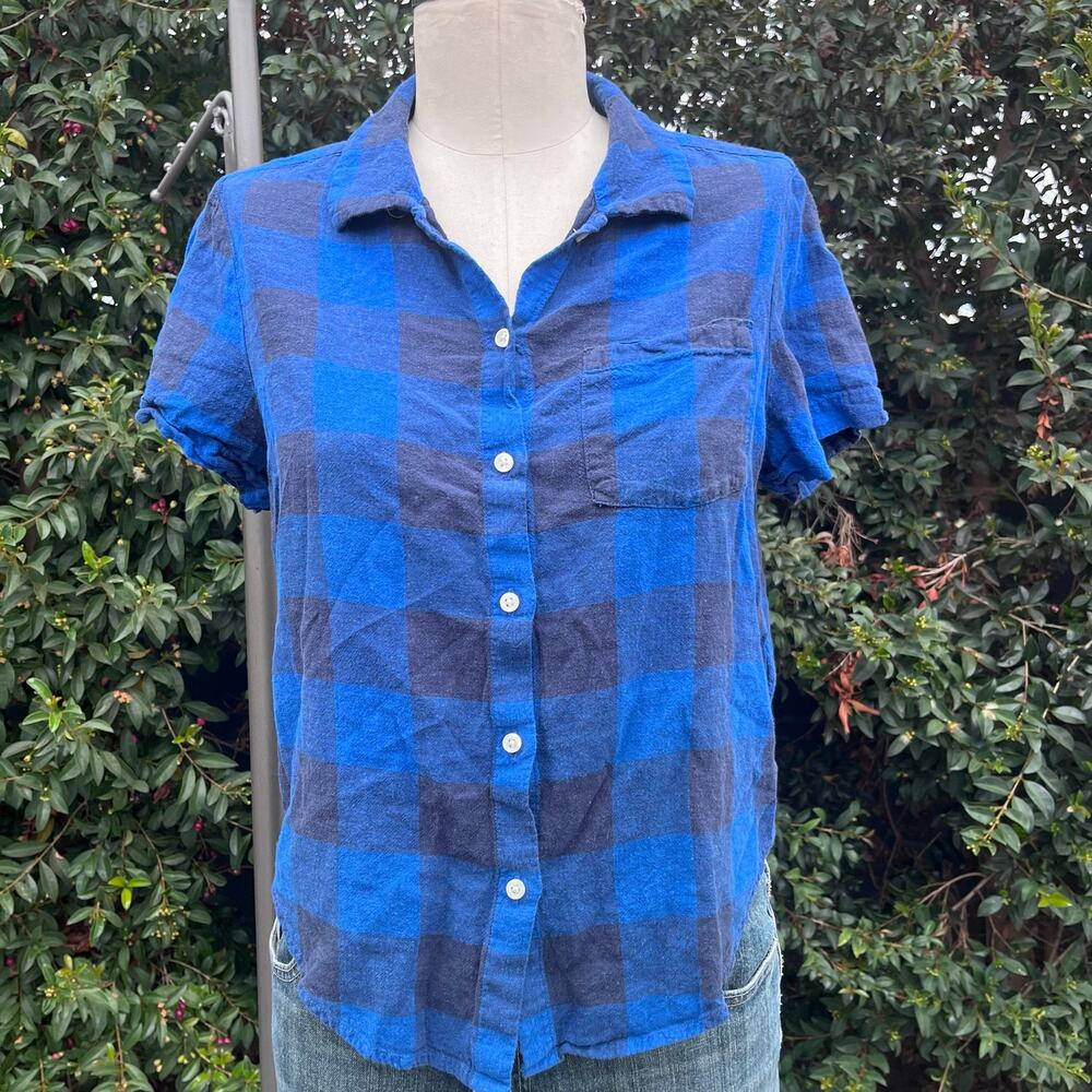 Lucky Brand Blue Black Buffalo Plaid Linen Blend Button Front Shirt Women Medium
